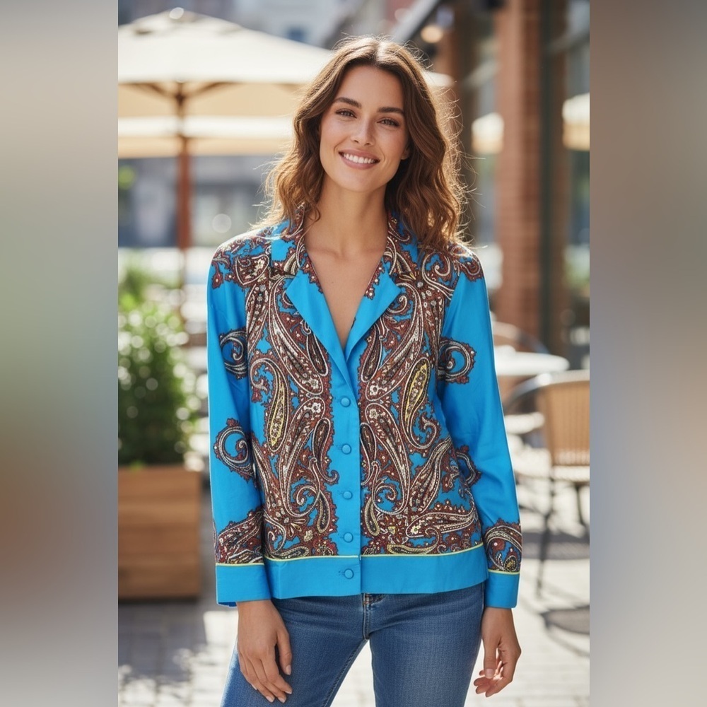 J. Crew Blue Paisley Button Down Blouse Shirt XS